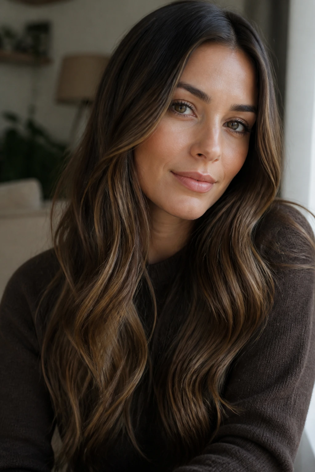 Close-up of a real woman with long brown hair and subtle mocha balayage