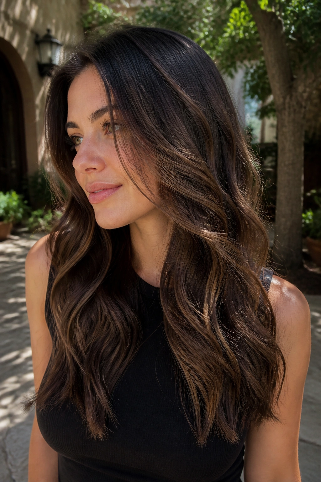 Close-up of a woman with mocha balayage ribbons through brunette hair