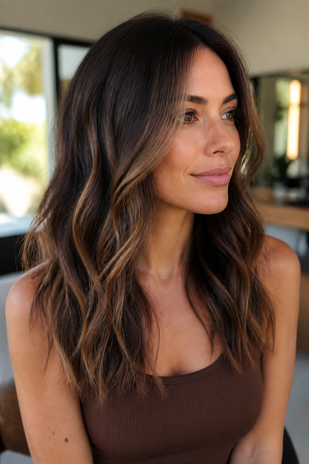 Close-up of brunette with mocha balayage blending through the hair