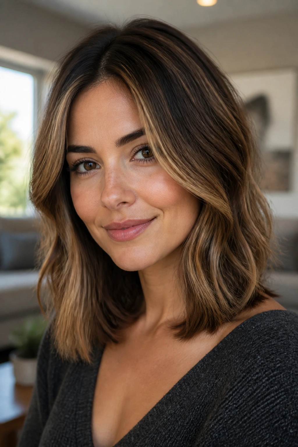 Real woman with mocha balayage face-framing pieces on medium-length hair