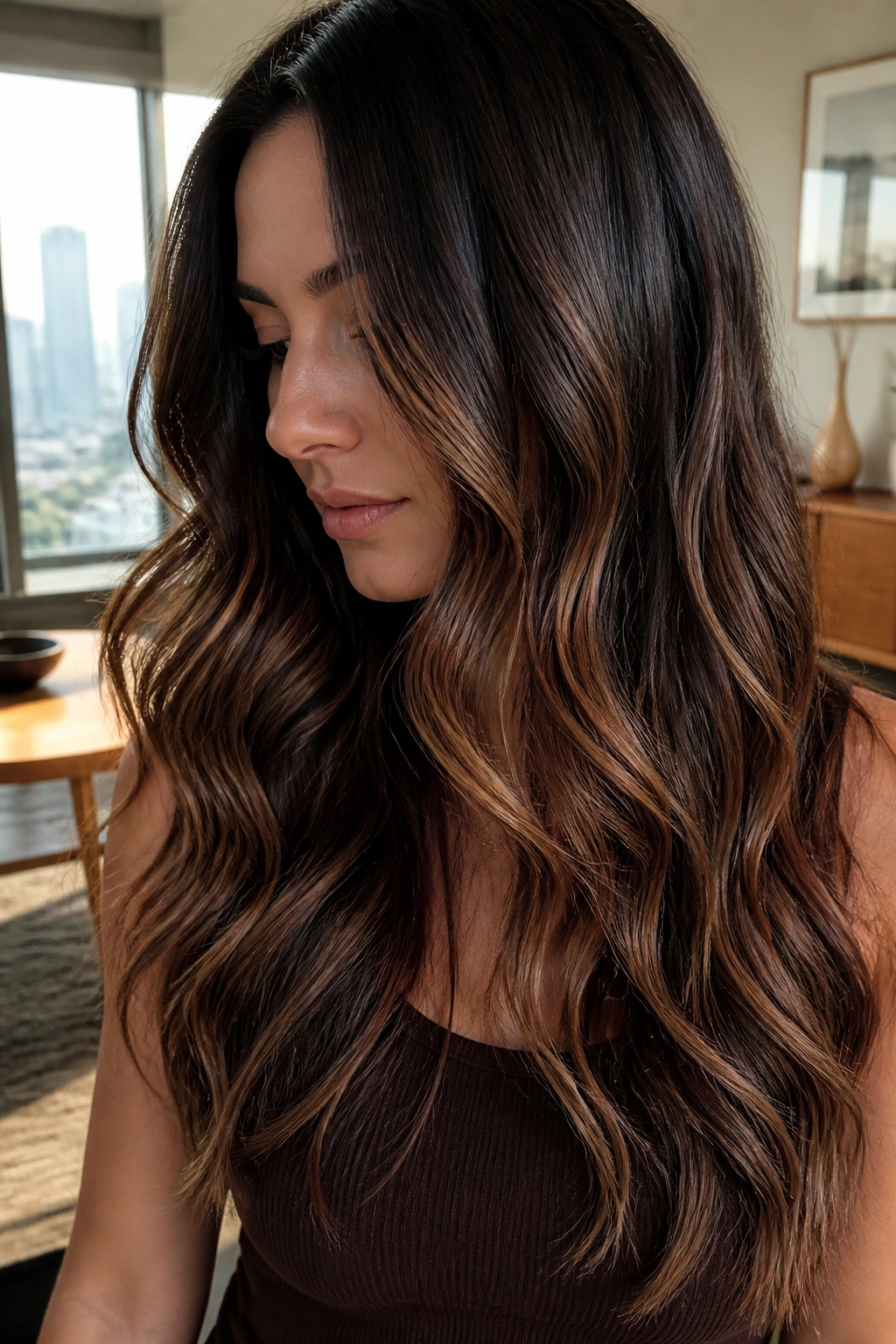 Close-up of mocha balayage on long wavy hair