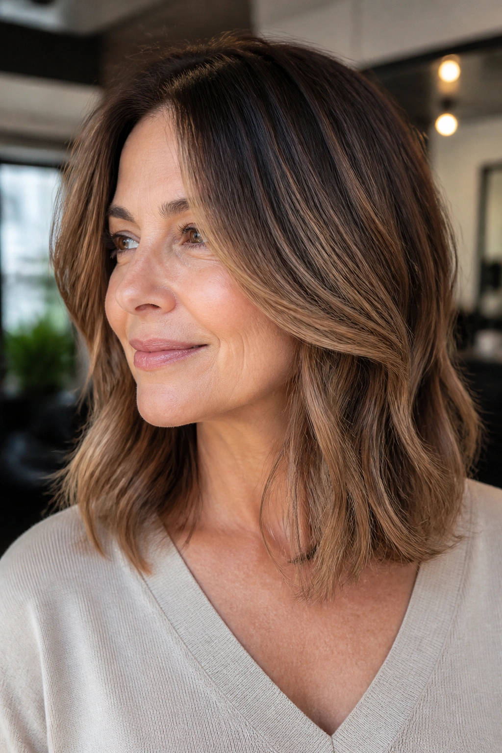 Portrait of a woman with mocha balayage on shoulder-length layered hair