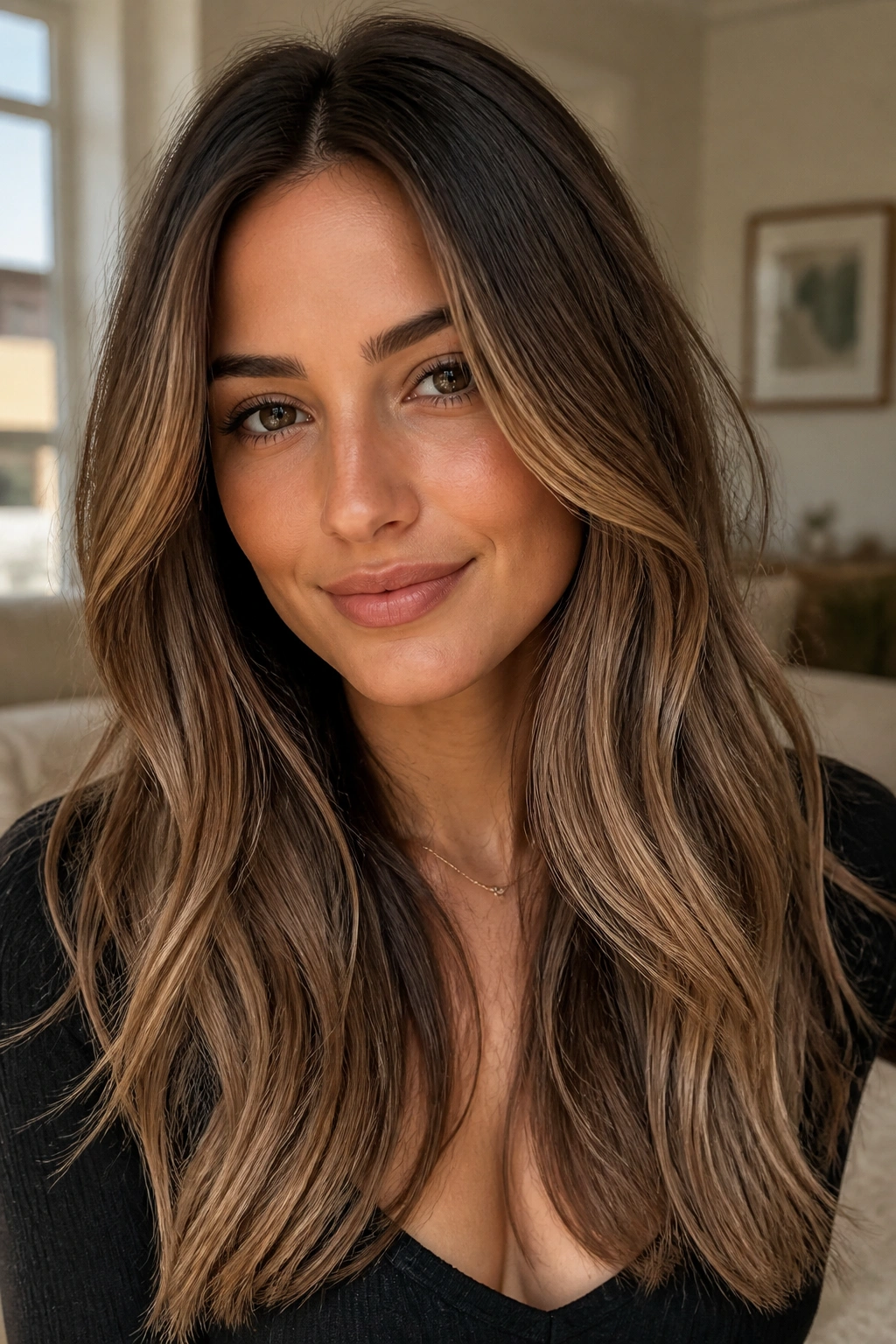 Close-up portrait of a real woman with mocha bronde hair and beige-blonde ribbons