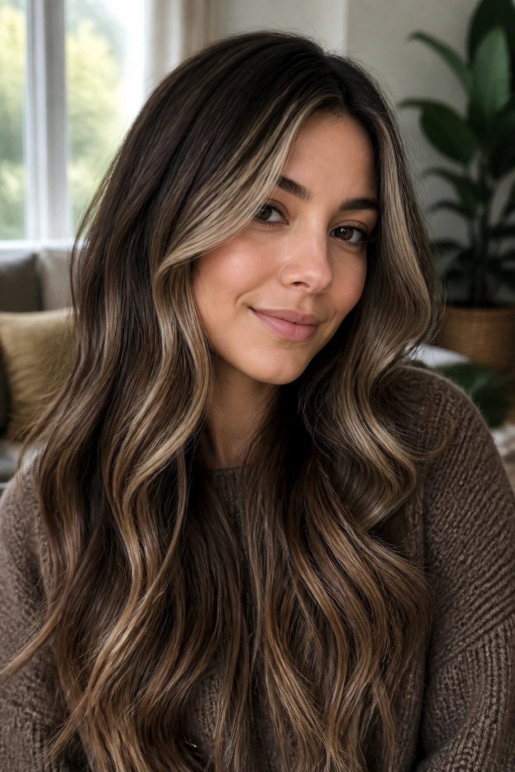 Close-up of woman with mocha bronde and veil highlights in natural daylight