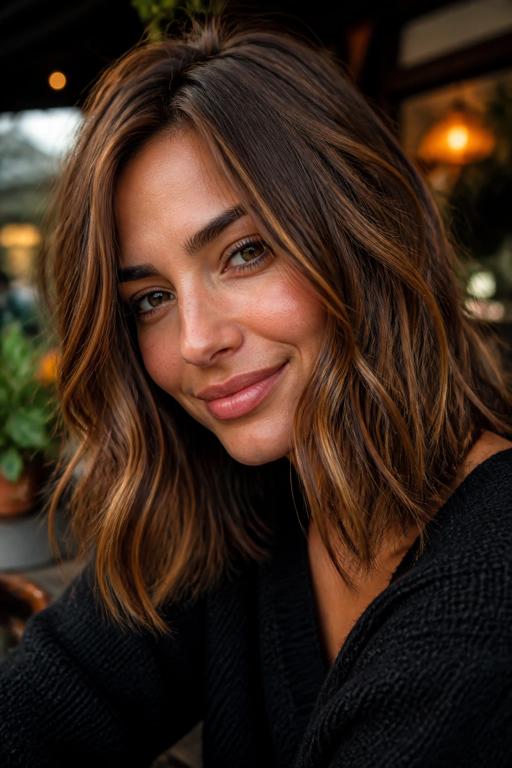 Close-up portrait of a real woman with mocha brown hair and bronze highlights.