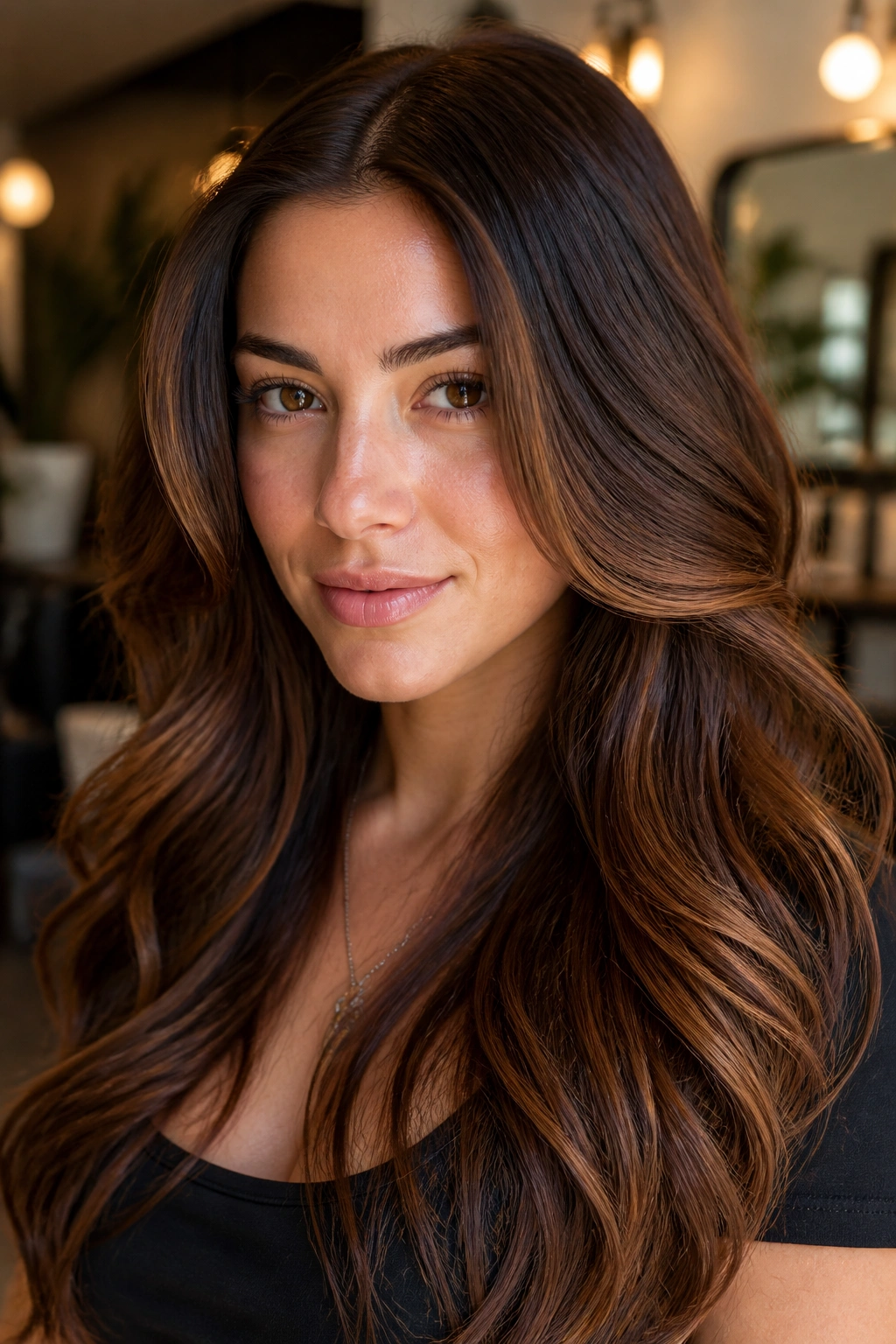 Close-up of a real woman's mocha hair with copper glaze on mids and ends.