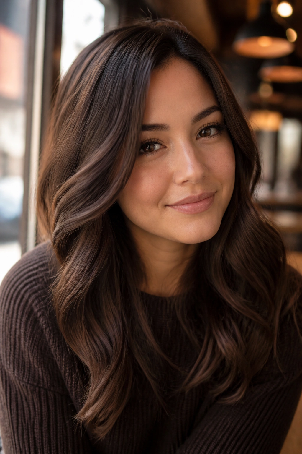 Close-up portrait of a real person with mocha brown hair in cafe window light