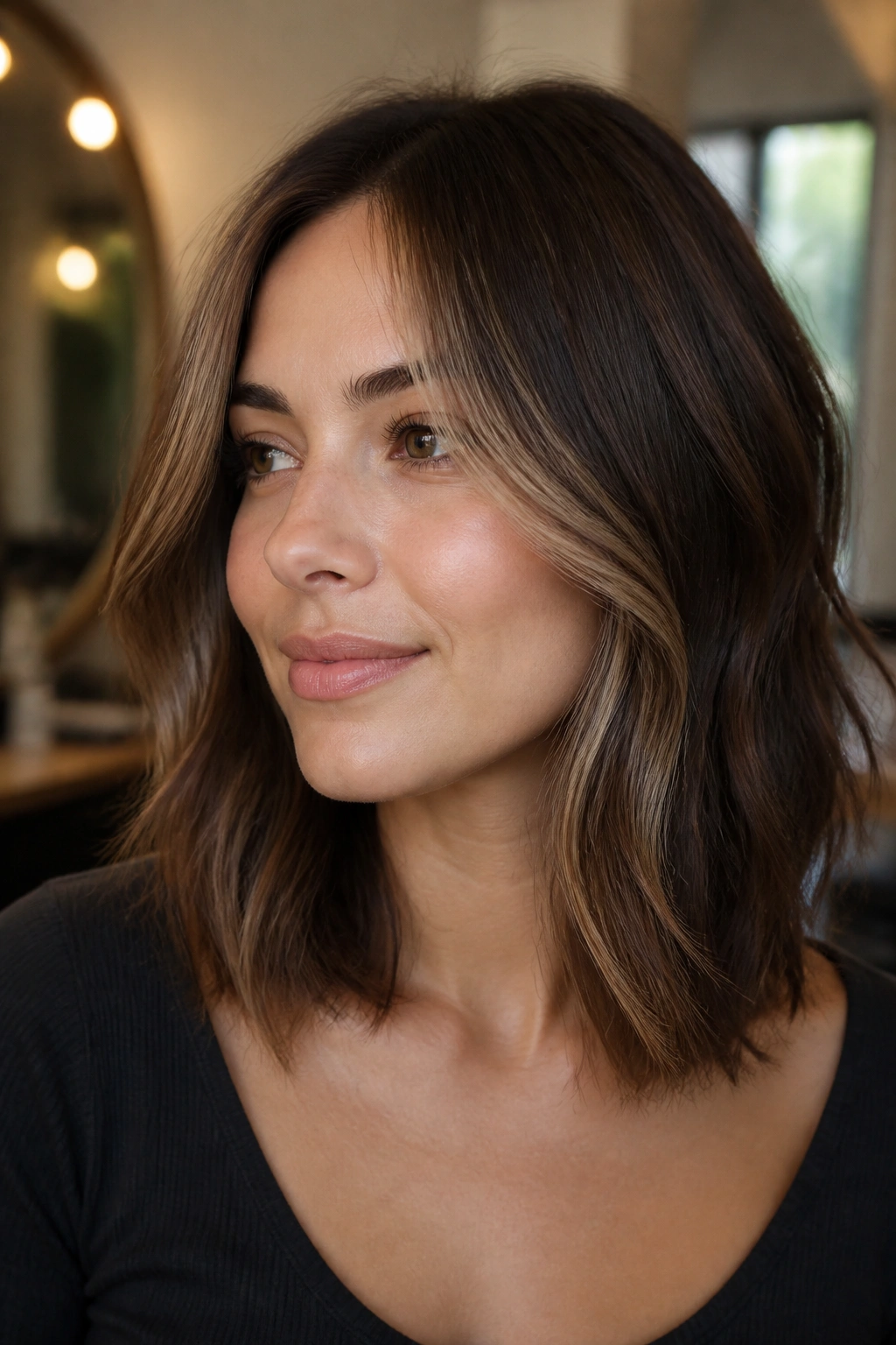 Close-up of a real woman with mocha brown hair and a soft money piece framing her face