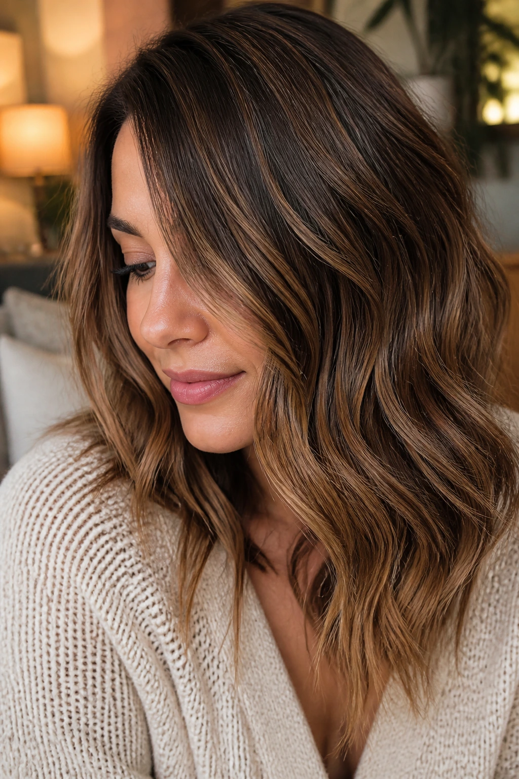 Close-up portrait of a real woman with dimensional mocha and caramel balayage waves