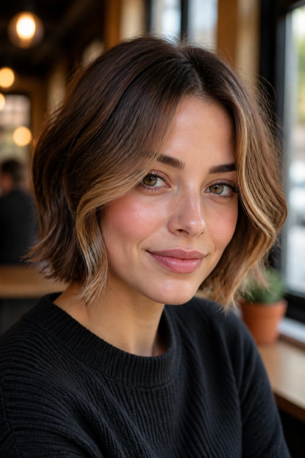 Real person with mocha-to-caramel face-framing frame on short hair