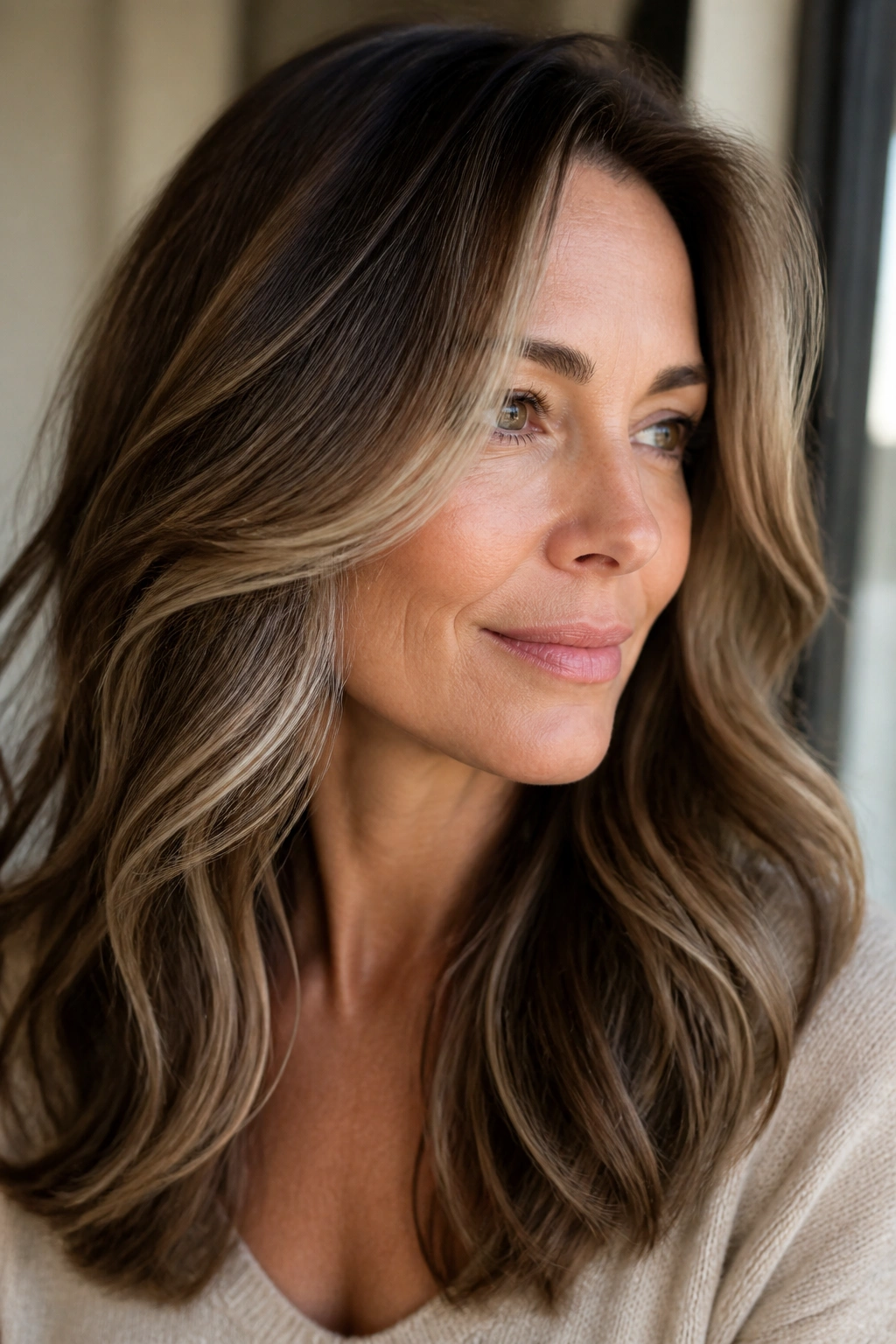 Close-up portrait of a real woman with dimensional mocha hair showing cool and warm panels