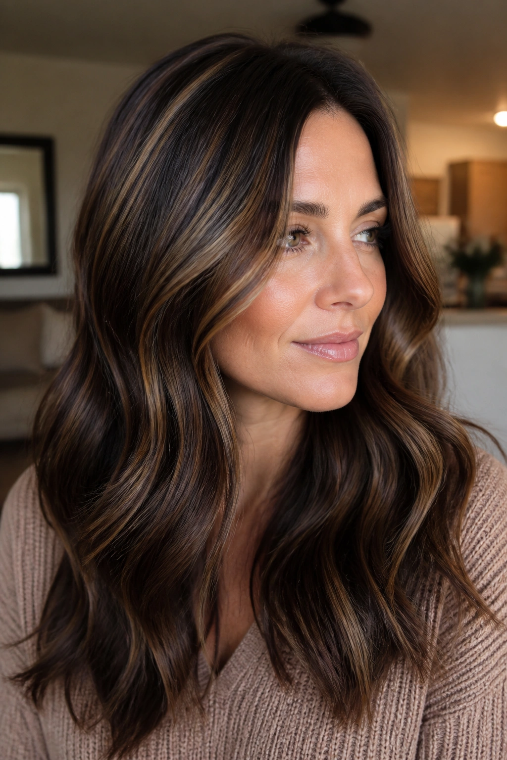 Real woman with mocha and espresso ribbons in brown hair