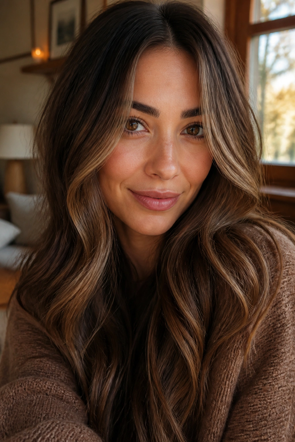 Close-up portrait of a woman with soft mocha face-framing melt in warm autumn light