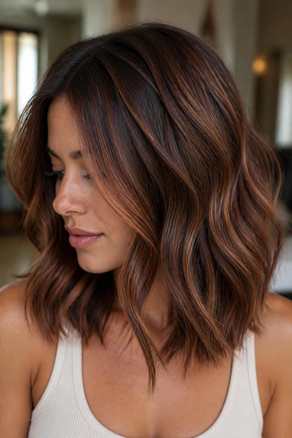 Close-up of a real woman with mocha lowlights and chestnut threads for depth