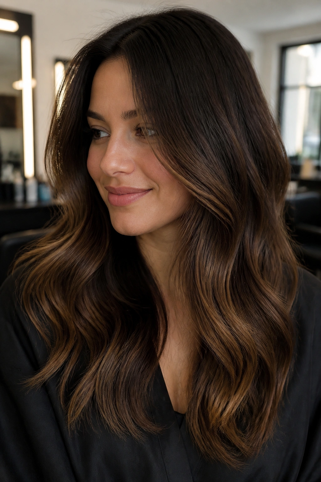 Close-up of brunette with mocha melt balayage showing deep base and soft coffee-brown transition