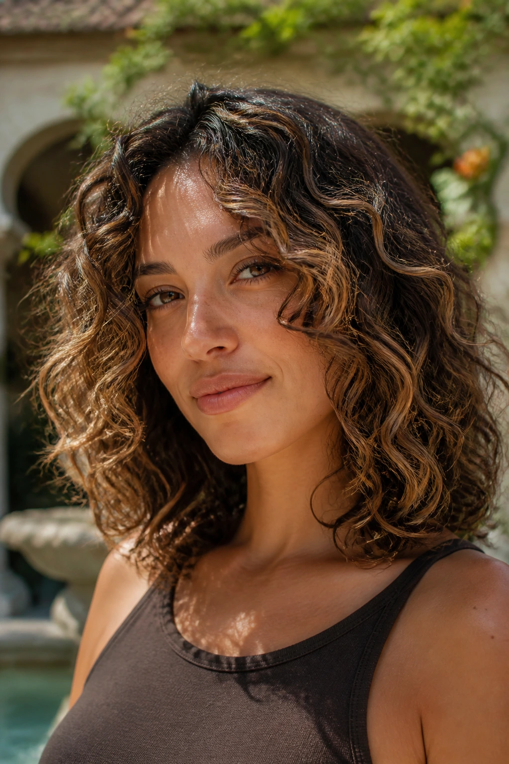 Close-up of curly shoulder-length hair with mocha melt balayage.