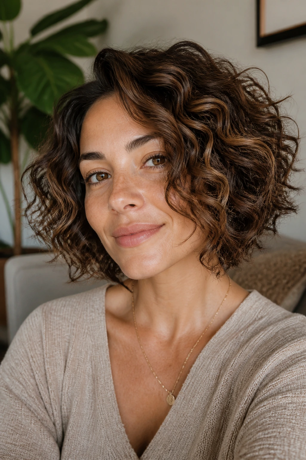 Close-up of mocha melt on a curly bob