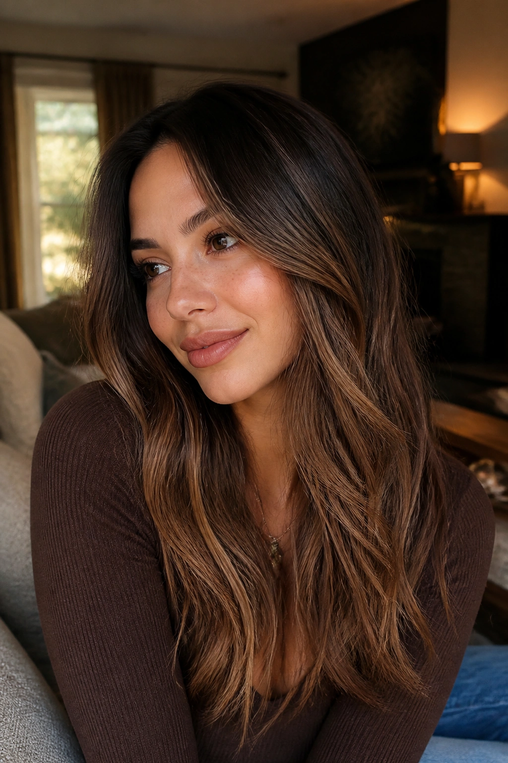 Real woman with Mocha Melt hair gradient in a warm living room