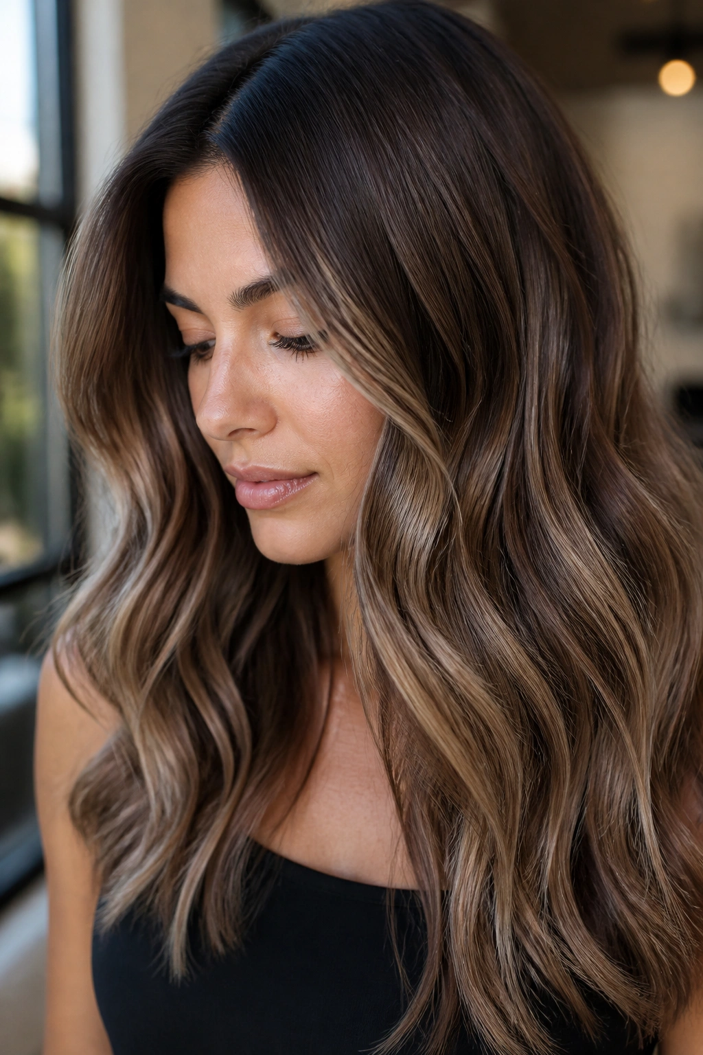 Close-up of mocha melt hair gradient on a real person