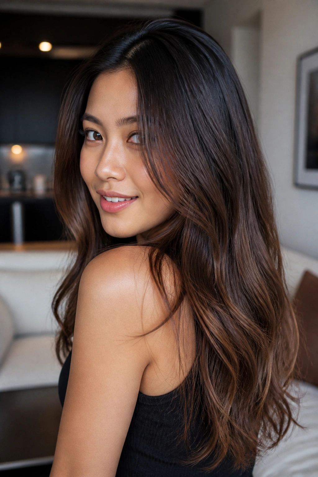 Portrait of a woman with mocha melt gradient from root to ends