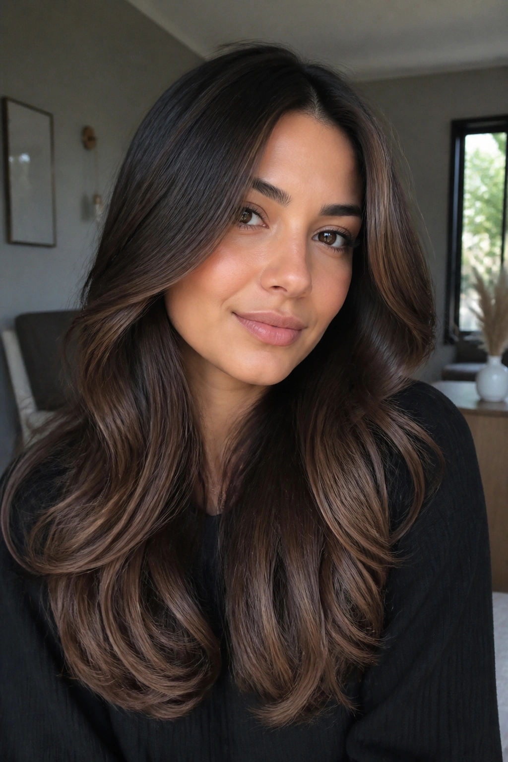 Close-up of a real woman showing mocha melt hair color gradient from dark roots to soft ends