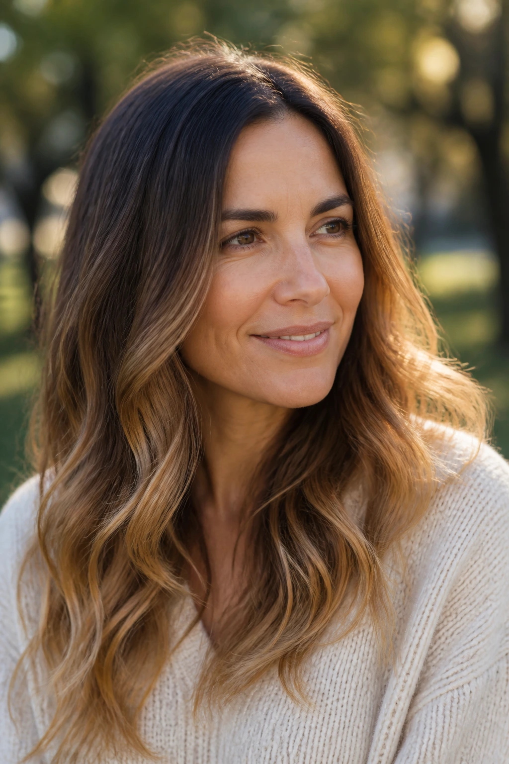 Real woman with mocha roots and honey ends creating a soft melt.