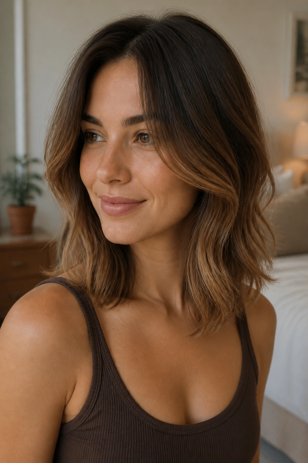 Close-up portrait of a real woman showcasing mocha-to-honey melt hair on medium-length strands.
