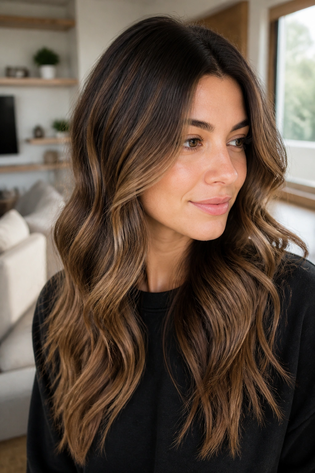 Close-up portrait of a real woman with a shadow-root mocha melt on wavy hair.