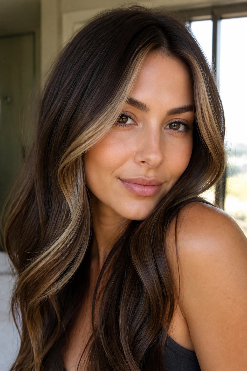 Close-up of a real woman's hair with mocha money piece framing the face