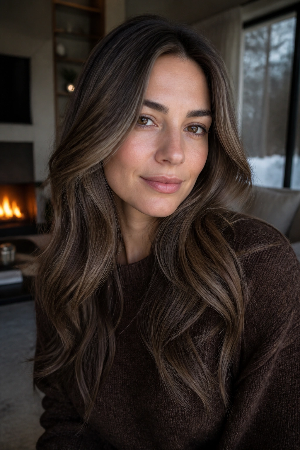 Close-up of a real woman with mocha mushroom brown hair in cool taupe tones