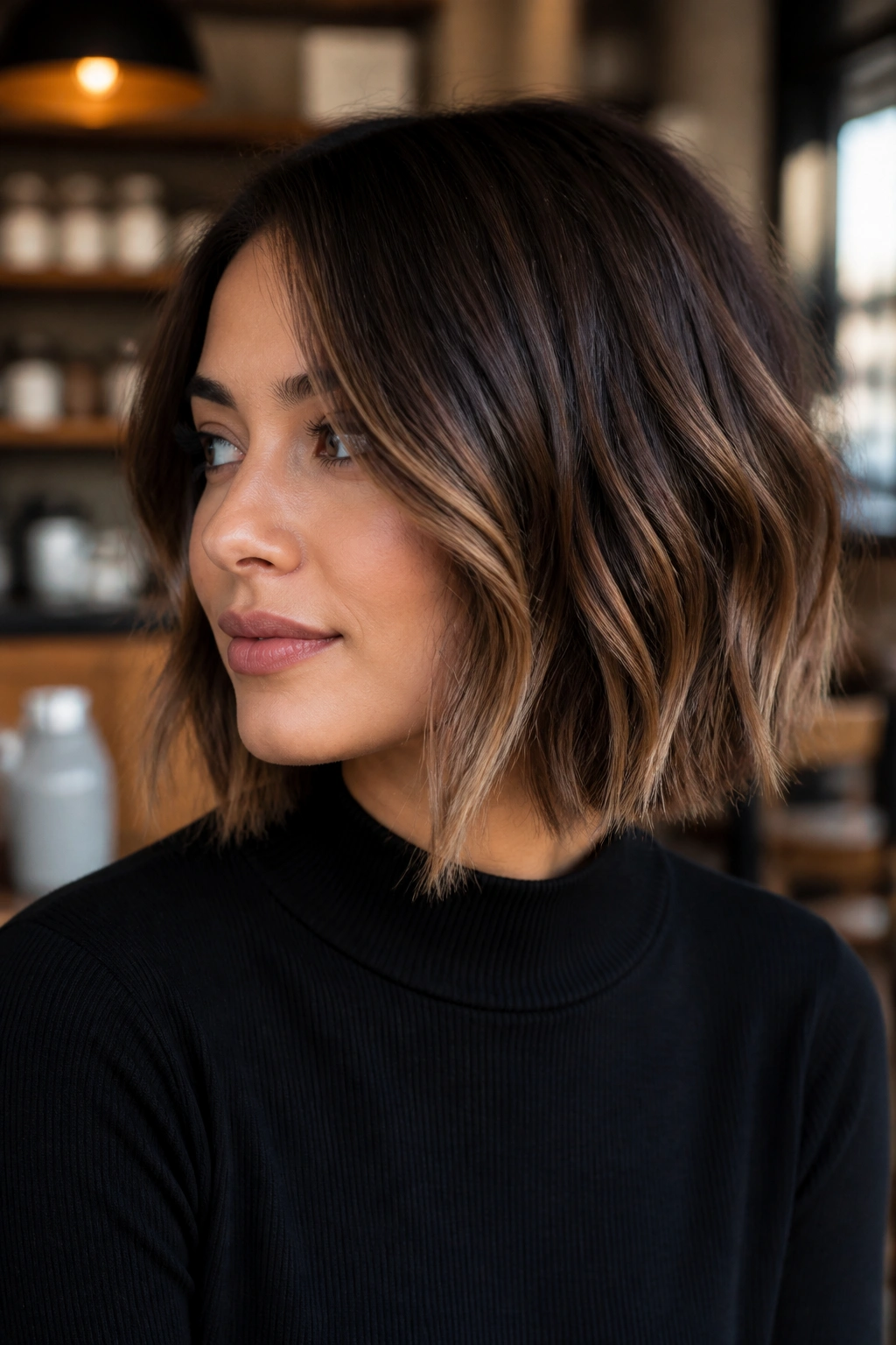 Close-up of a real woman with mocha ombré textured bob in cafe lighting