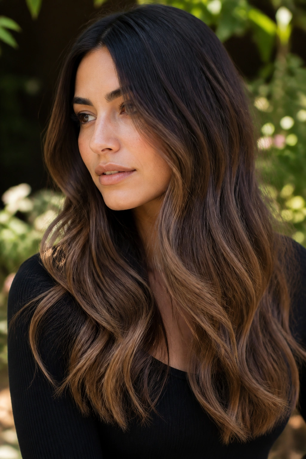 Close-up of brunette with mocha ombré from roots to ends