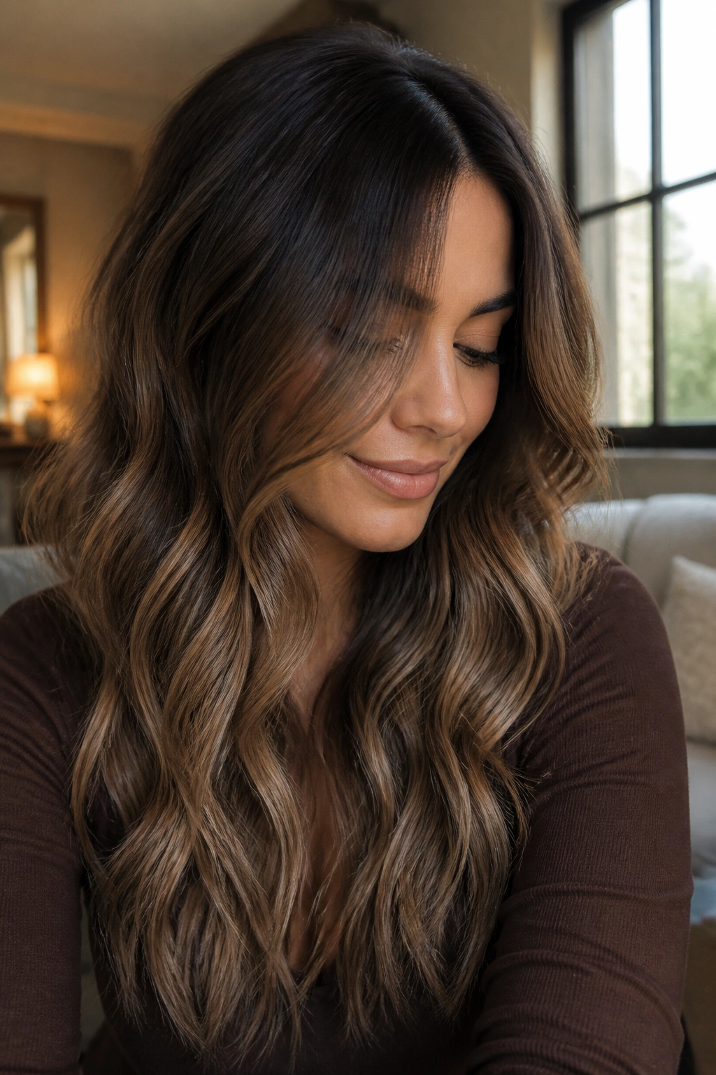 Close-up of a real woman with mocha ombré and soft root shadow in warm living room light