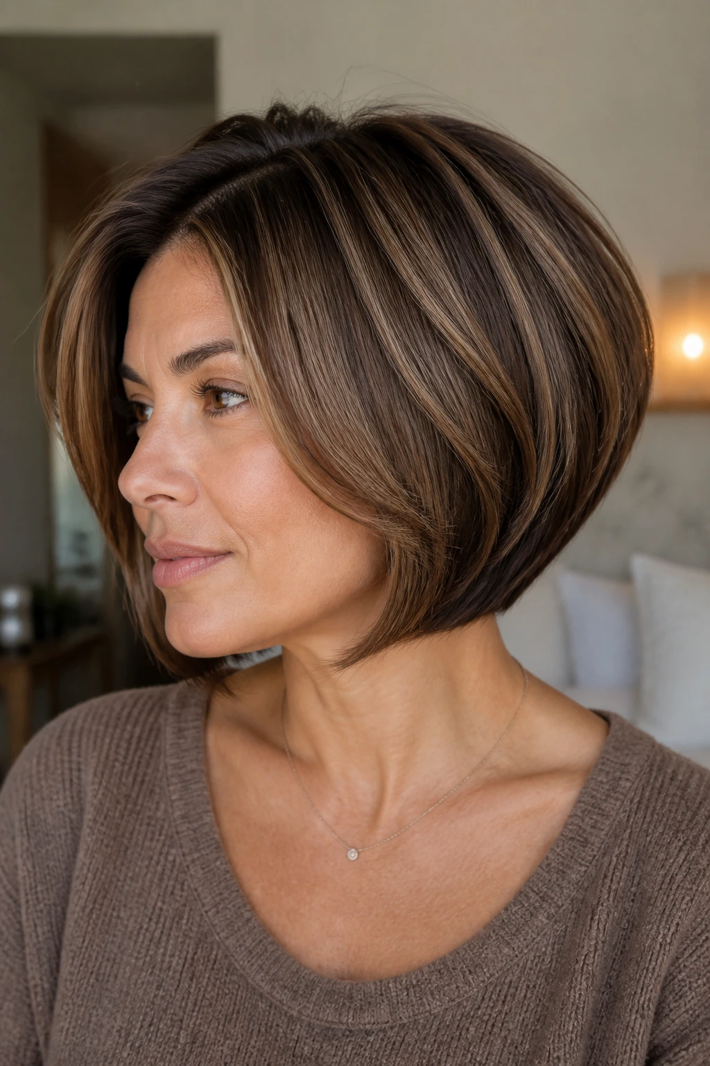 Close-up of graduated bob with mocha ribbons balayage