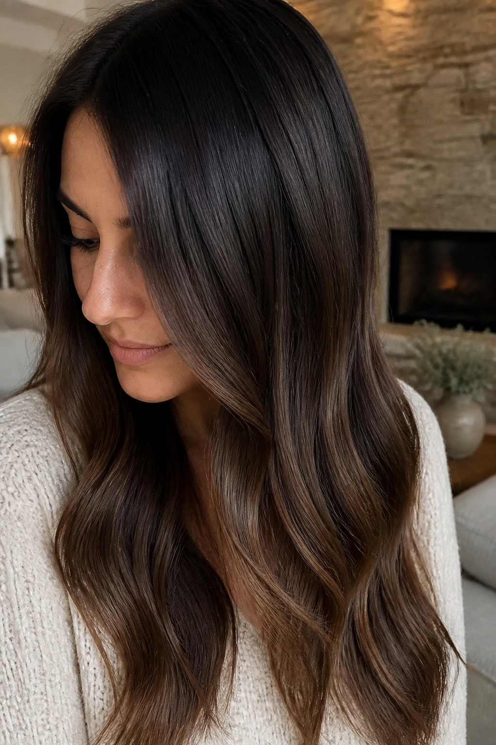 Close-up of a real woman's hair with Mocha Root Melt gradient