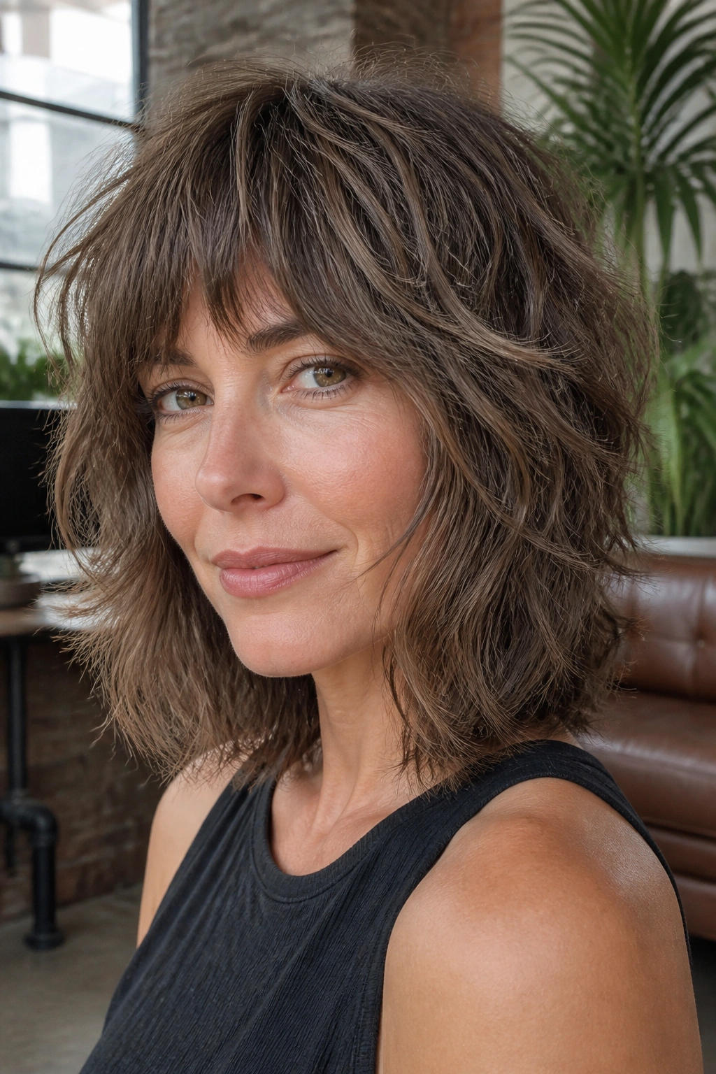 Real woman with soft mocha shag hairstyle displaying textured waves