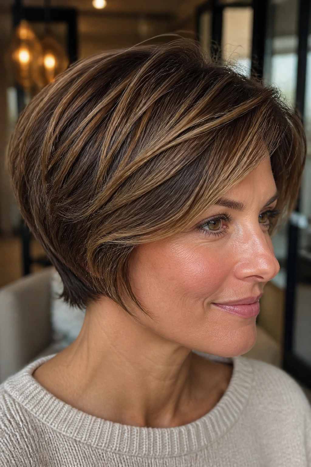 Real person with thick short hair showing mocha underlayers and toffee highlights