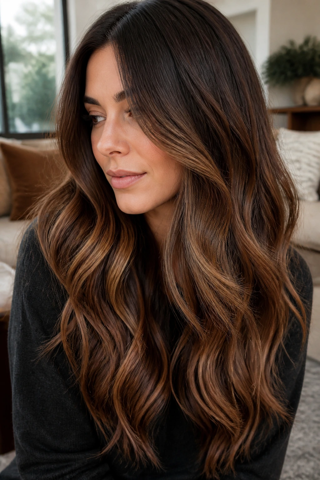Close-up portrait of a real woman with long brunette hair showing mocha-to-toffee highlights for dimension