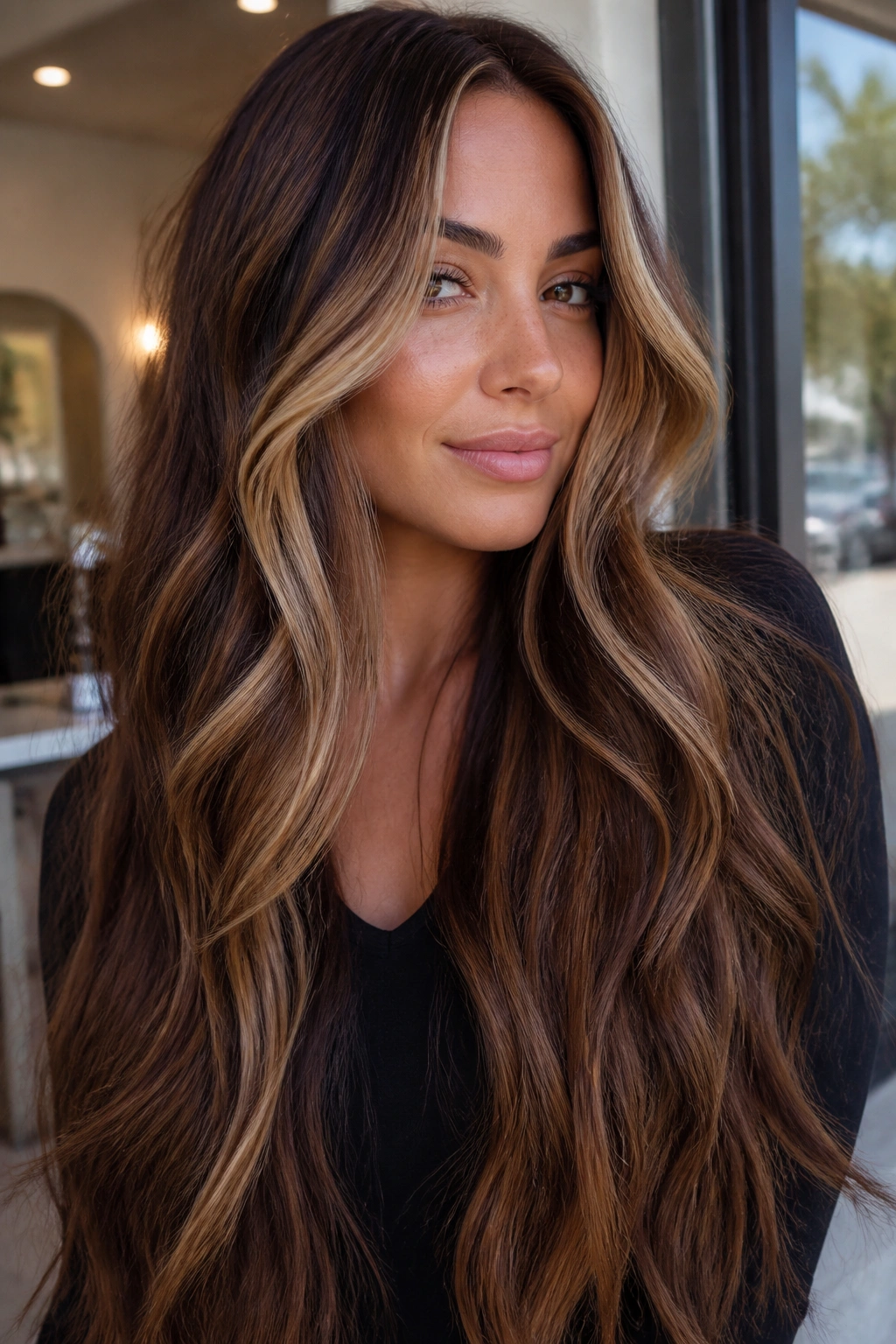 Close-up of waist-length hair with mocha base, toffee panels, and honey face-framing panels on a real person