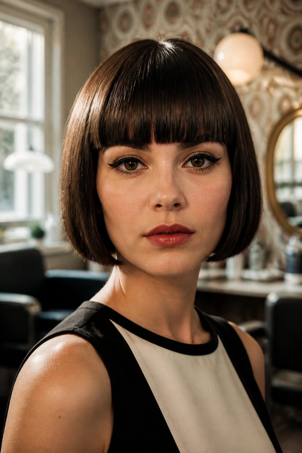 Close-up portrait of a real woman with a blunt mod bob and eyebrow-grazing fringe in a retro salon