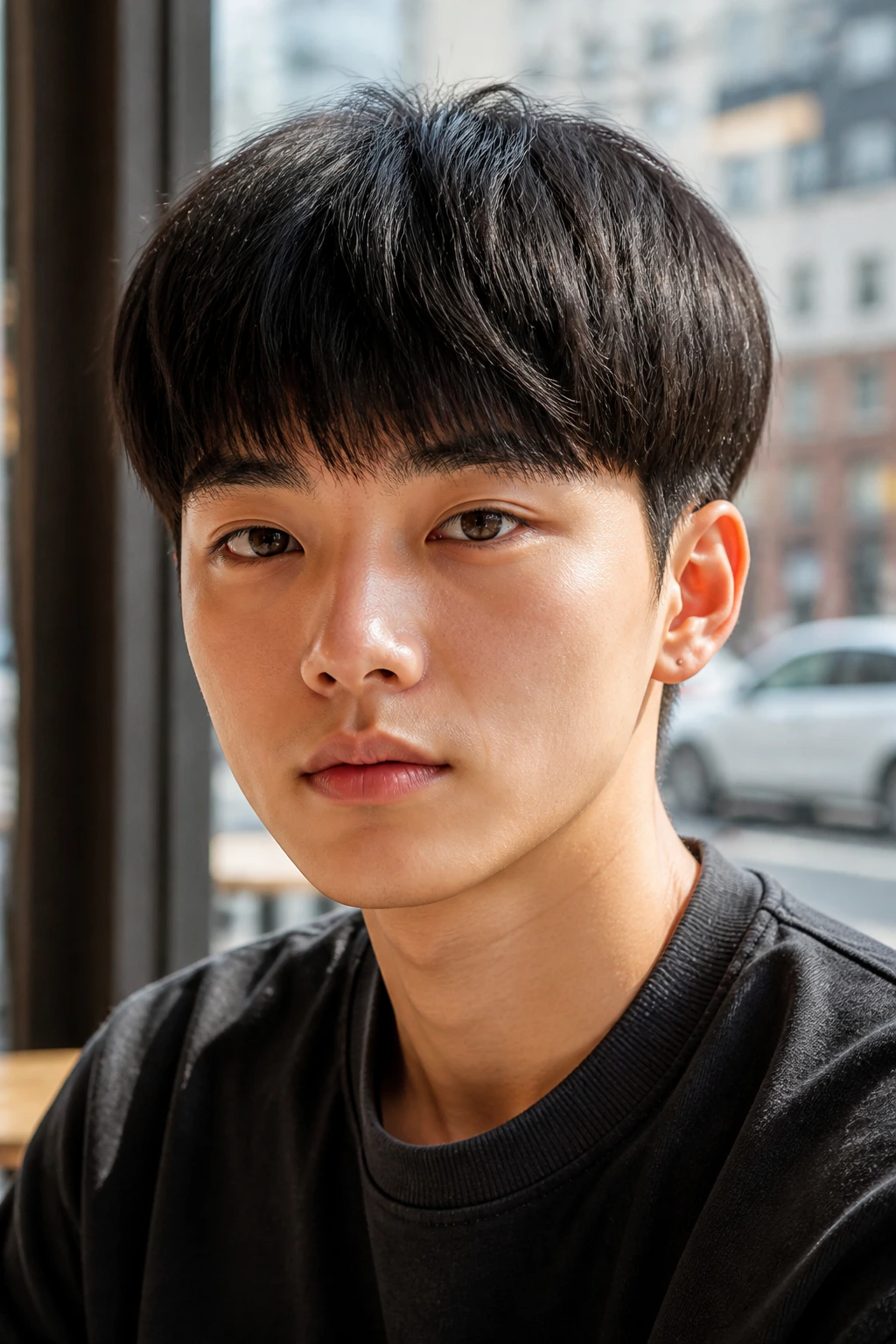 Front portrait of a real person with a modern bowl cut on thick hair in a bright cafe