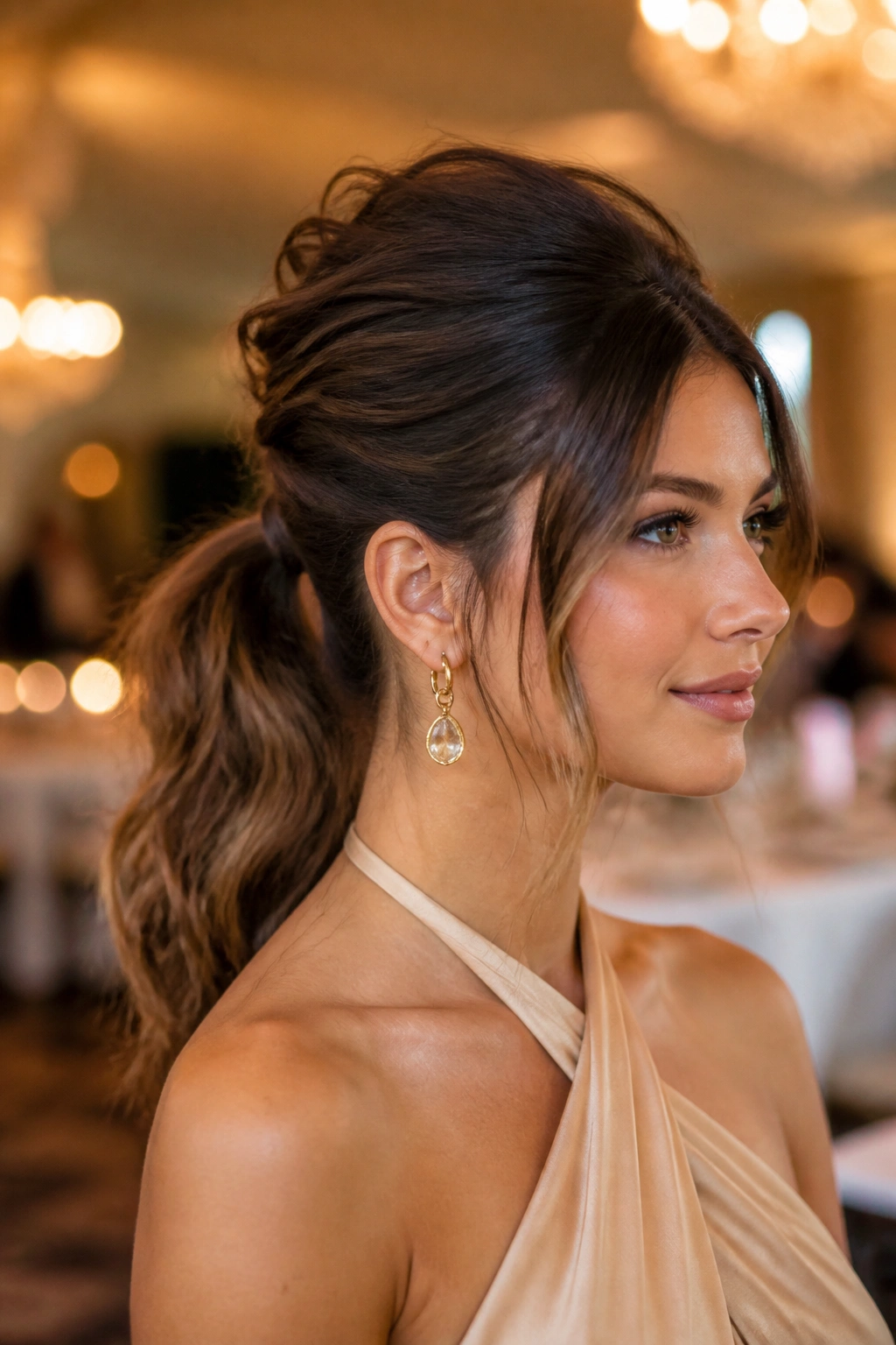 Real person shows a wolf-cut with crown-volume ponytail in a wedding setting