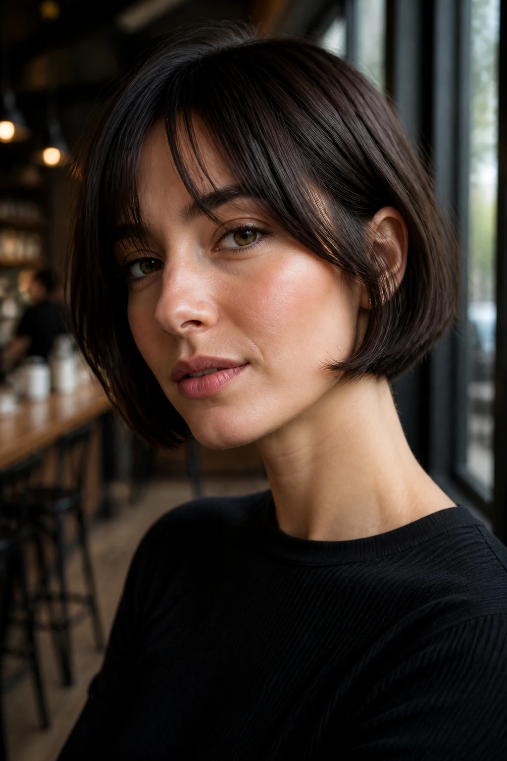 Real woman with modern French bob in a bright cafe setting