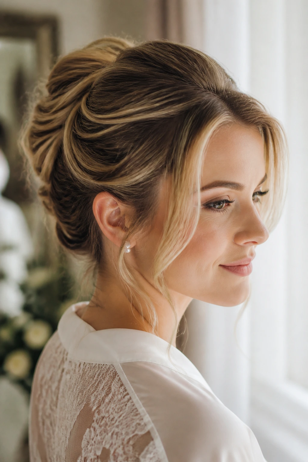Close-up of a real bride-to-be with a modern French twist hairstyle in a softly lit bridal suite.