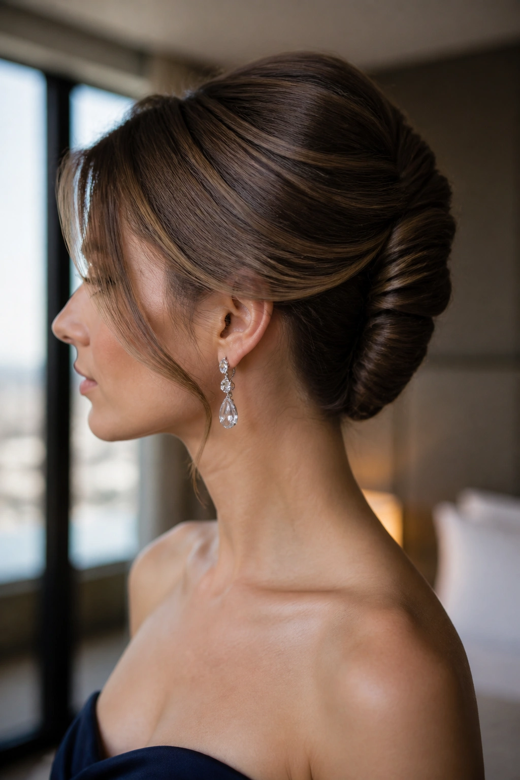 Profile view of a real woman with a modern French twist hairstyle
