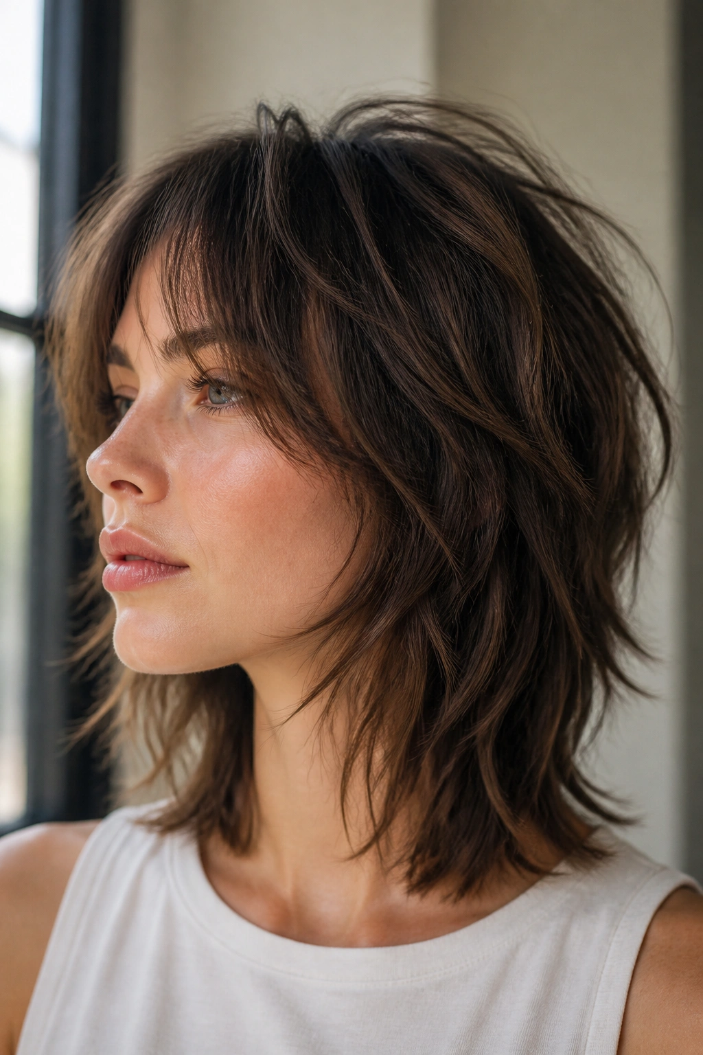 Close-up of a real person with a modern midi shag hairstyle