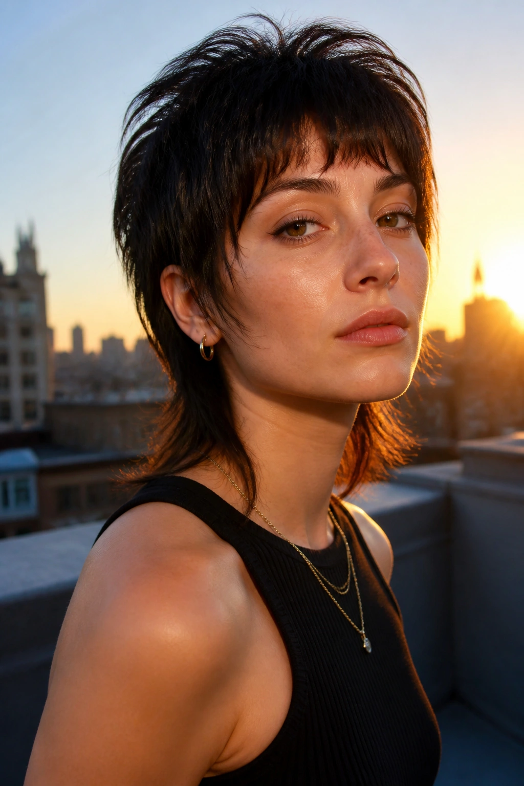 Close-up of real woman with modern mullet, crown lift and tapered back