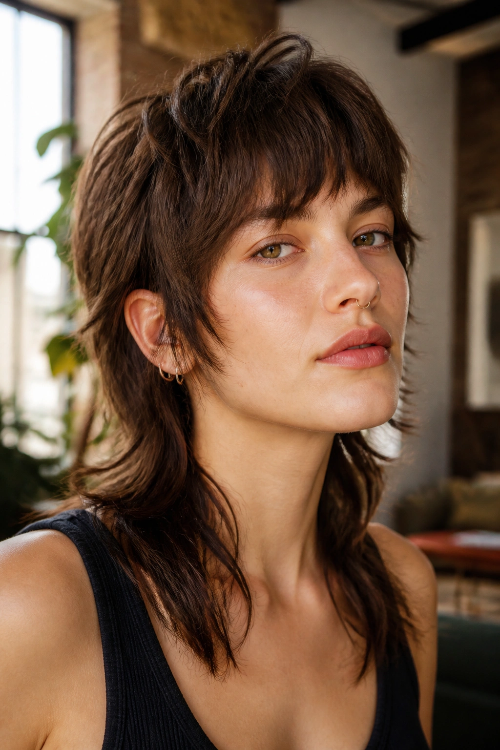 Close-up of a real person with a modern mullet and soft fringe
