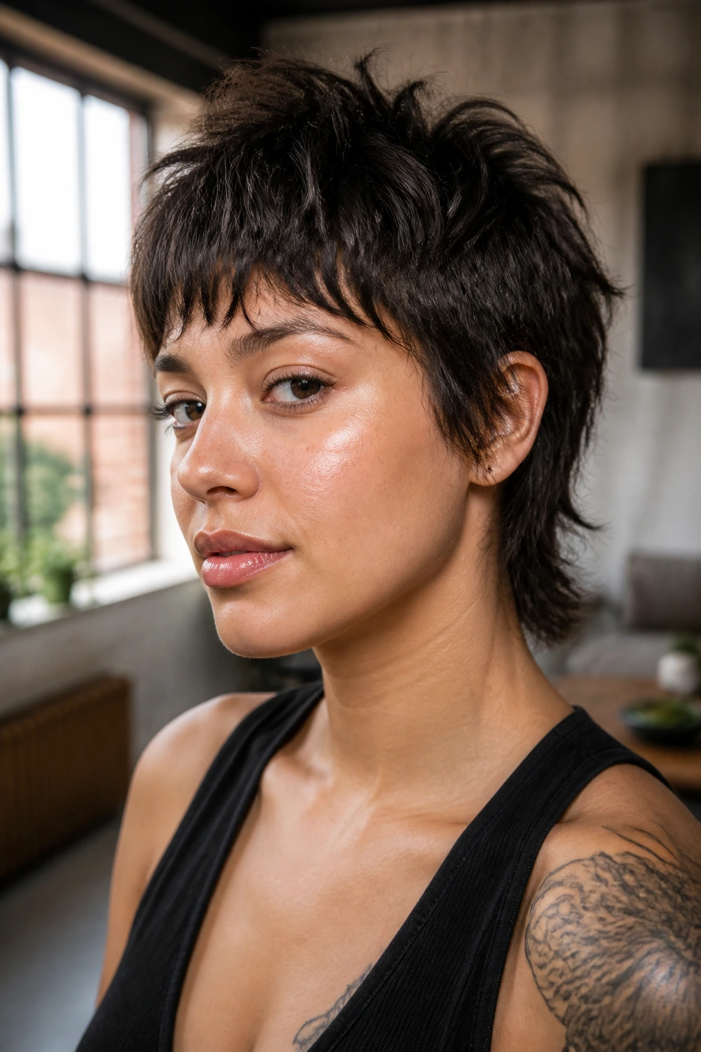 Close-up of real person with modern mullet fringe in urban loft light