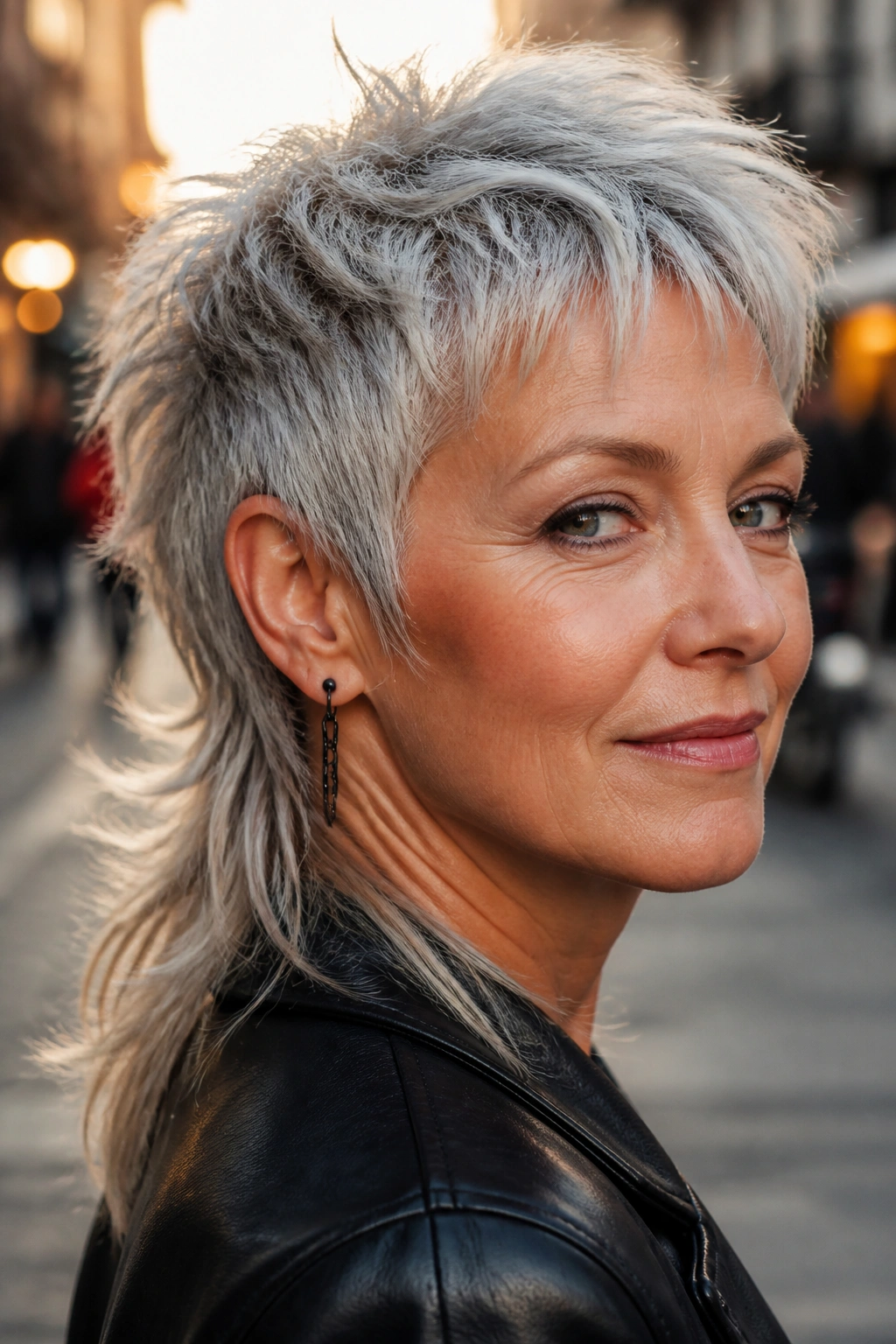 Close-up portrait of a real woman with modern mullet gray hair